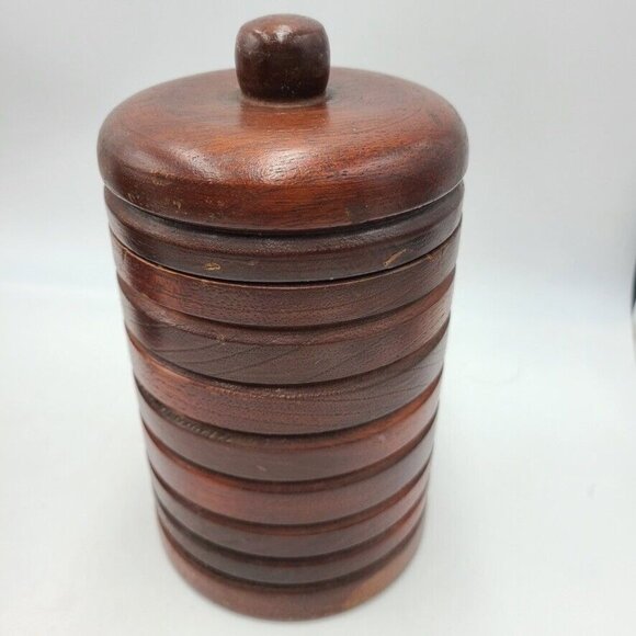 Vintage 50s 60s Wood Canisters Set Brown Cylindrical with Covers Lot of 2 - Picture 6 of 7
